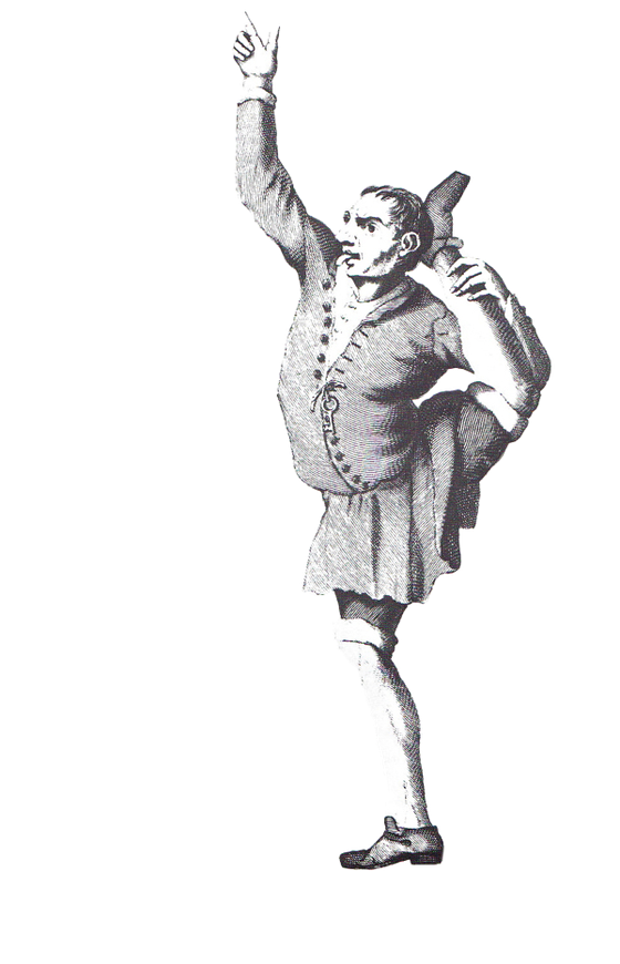 Engraving, cut out: Clark, the English Posture Master, standing on one leg with the other raised behind him.