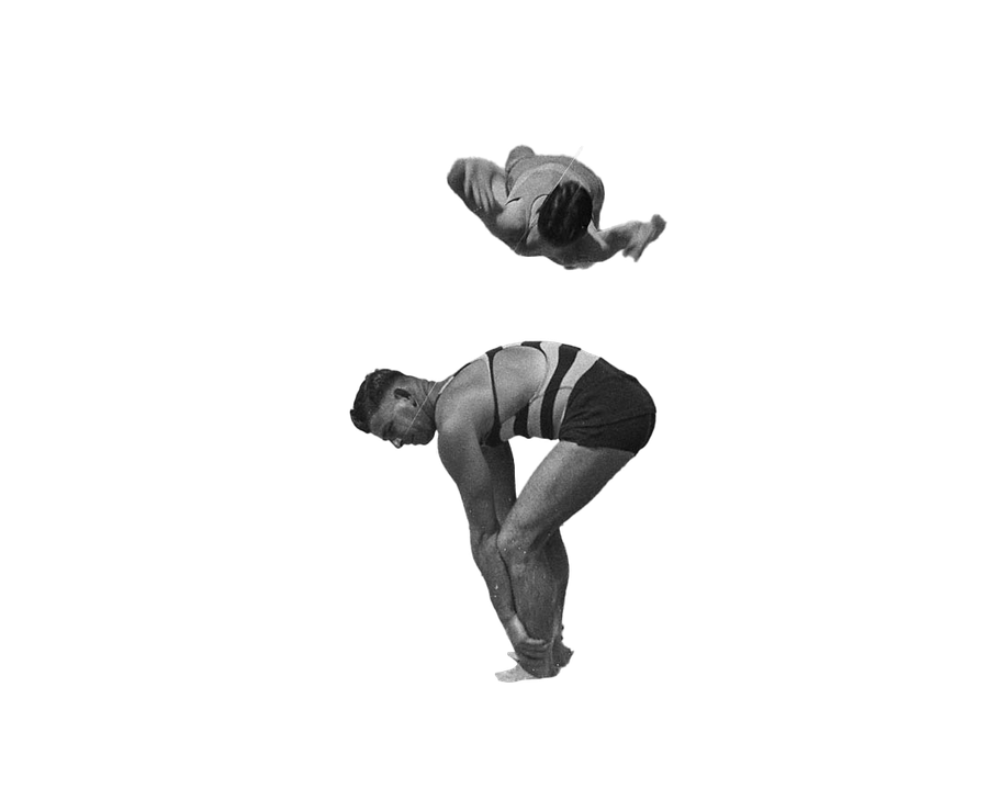 Archival photograph, cut out: one gymnast vaulting over the back of another.