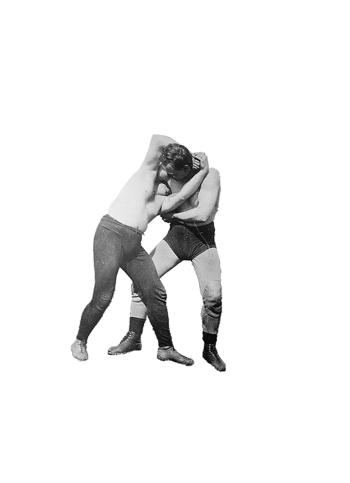 Archival photograph, cut out: two wrestlers working through a hold together.